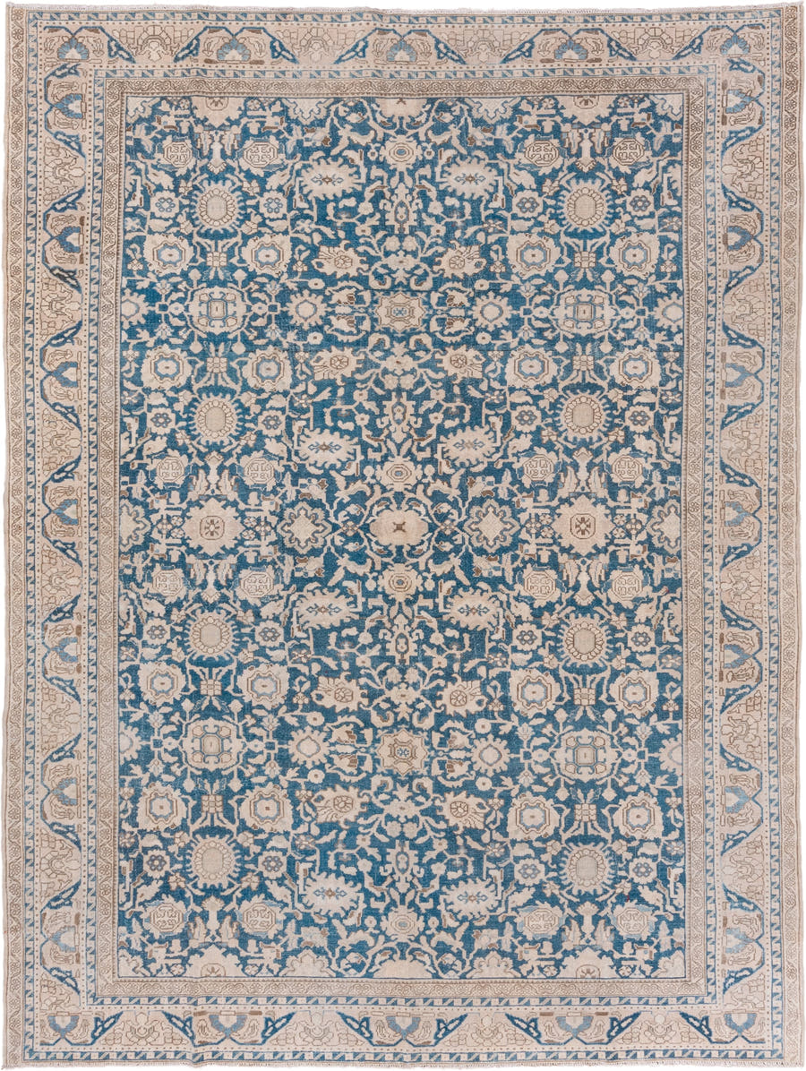 8' x 11' one-of-a-kind handmade vintage Malayer large size rug. Color palette: ivory, sky blue, beige, taupe, camel