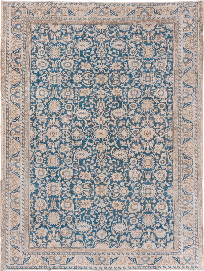 8' x 11' one-of-a-kind handmade vintage Malayer large size rug. Color palette: ivory, sky blue, beige, taupe, camel