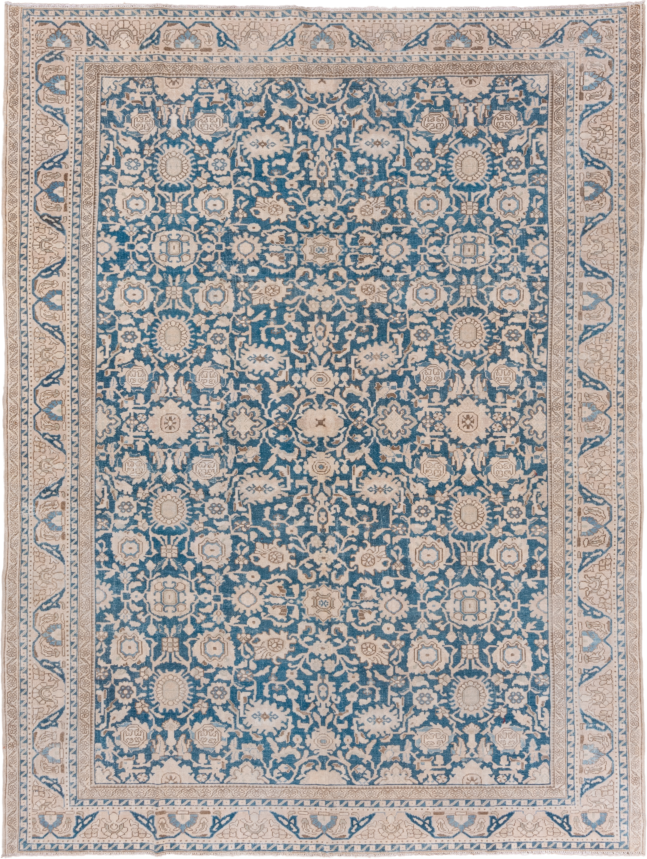 8' x 11' one-of-a-kind handmade vintage Malayer large size rug. Color palette: ivory, sky blue, beige, taupe, camel
