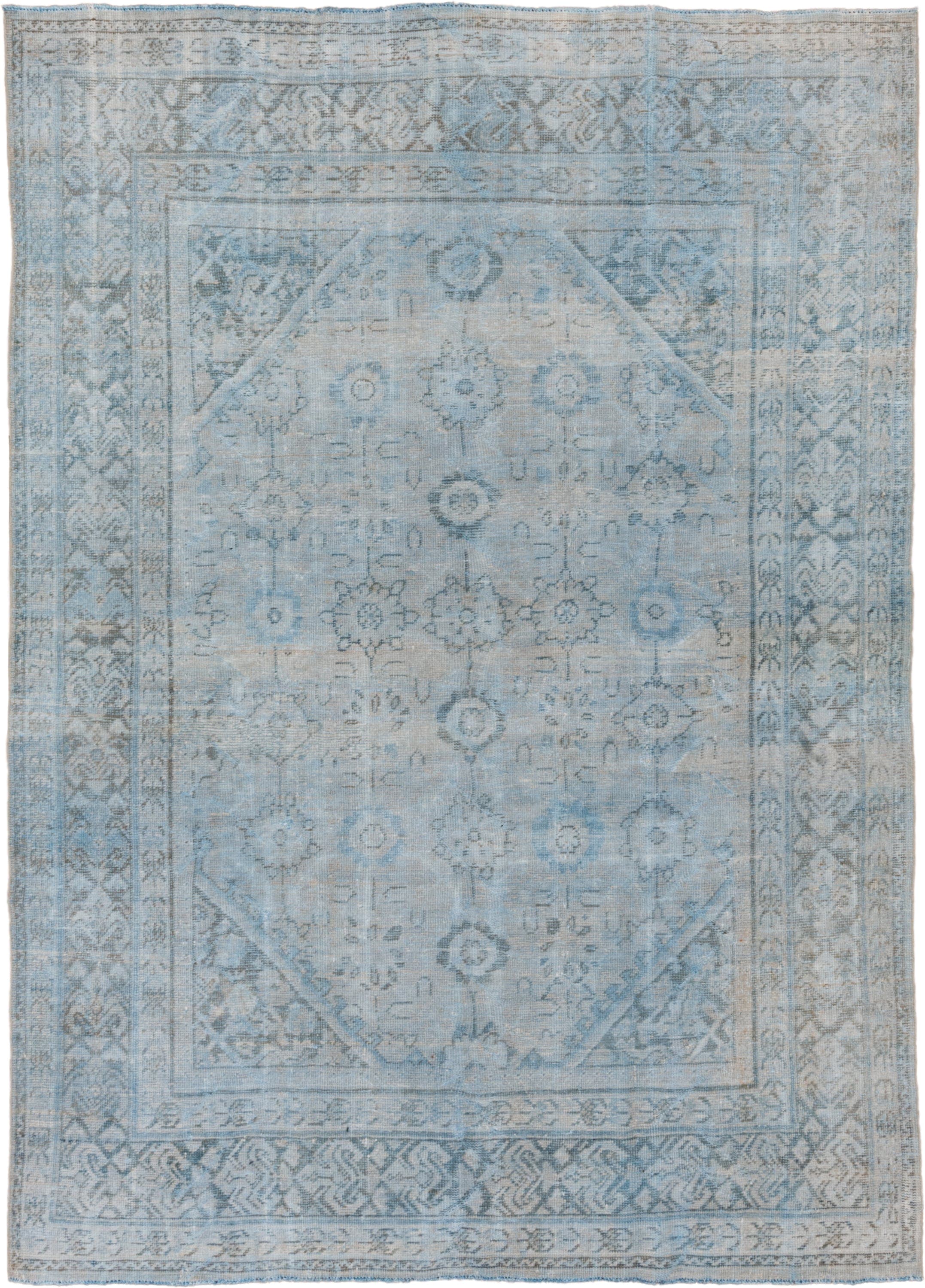 7' x 10' one-of-a-kind handmade vintage Mahal large size rug. Color palette: pale blue, ivory, sky blue, taupe, gray