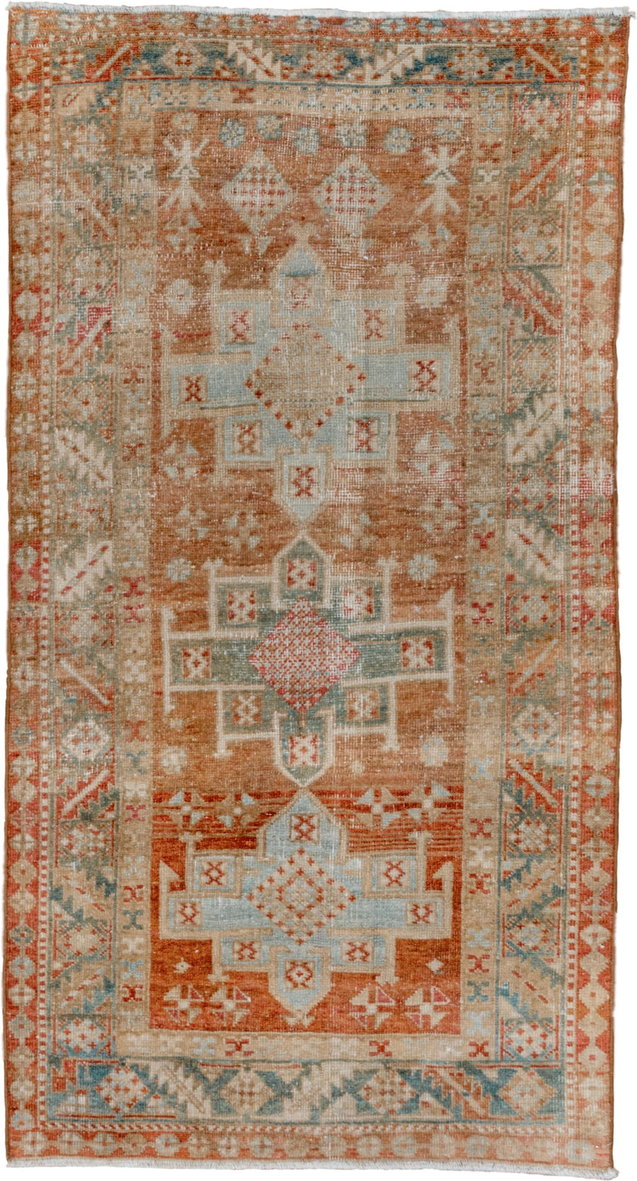3' x 5' one-of-a-kind handmade vintage Heriz small size rug. Color palette: terra cotta, ivory, pale blue, rust, camel, sage