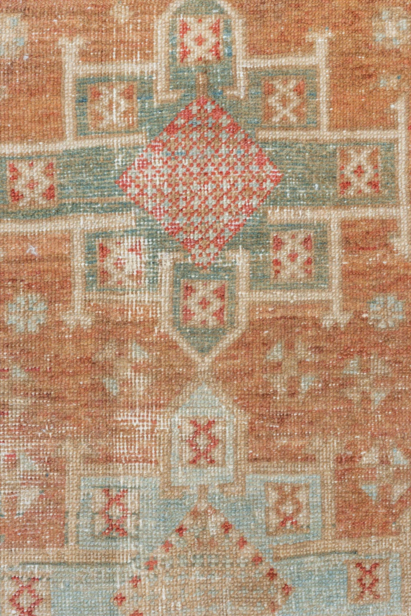 3' x 5' one-of-a-kind handmade vintage Heriz small size rug. Color palette: terra cotta, ivory, pale blue, rust, camel, sage