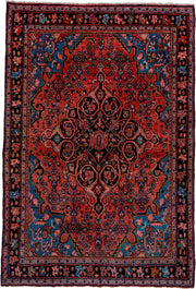 3' x 5' one-of-a-kind handmade vintage Bidjar small size rug. Color palette: coral, navy, sky blue, rose, ivory, charcoal