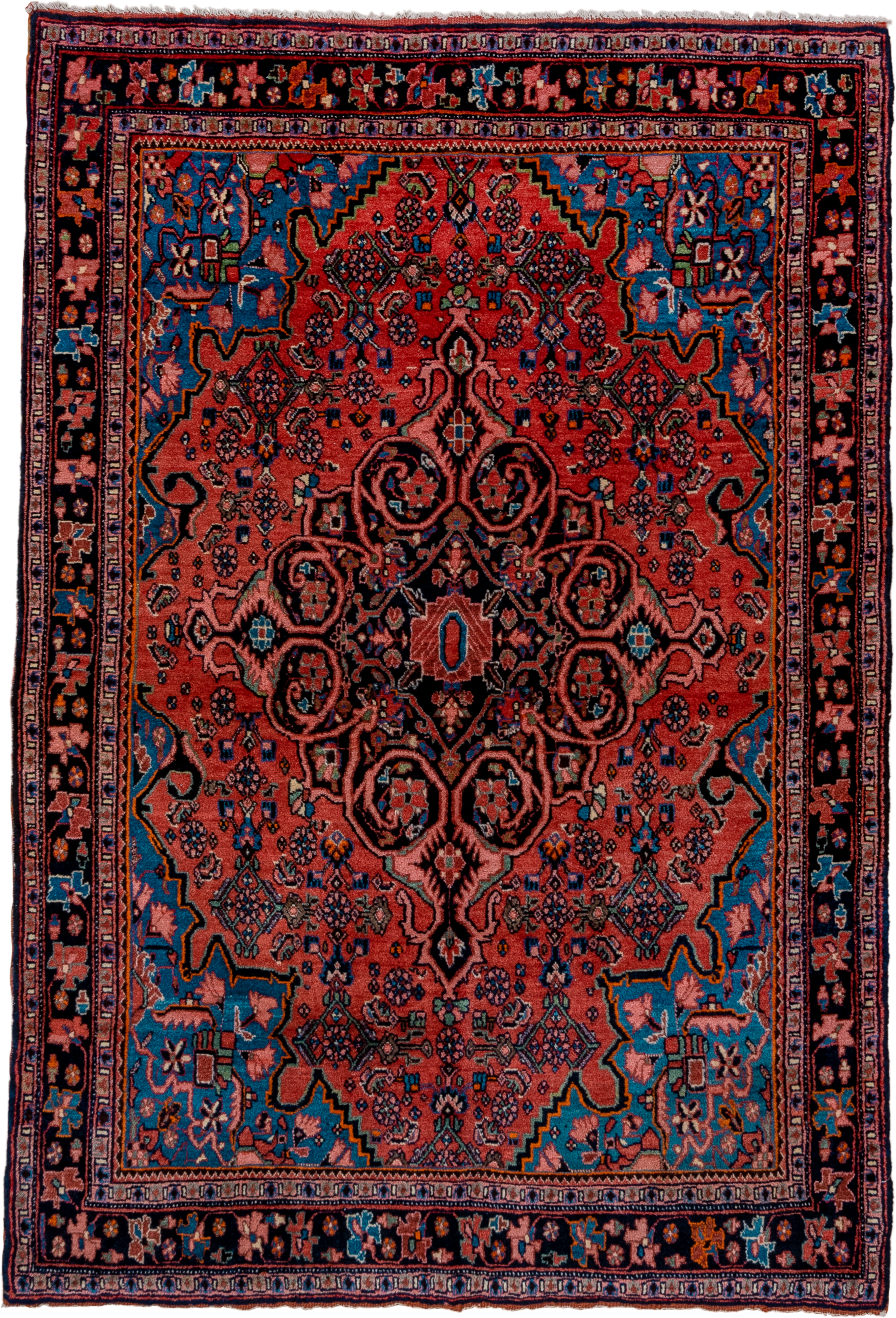 3' x 5' one-of-a-kind handmade vintage Bidjar small size rug. Color palette: coral, navy, sky blue, rose, ivory, charcoal