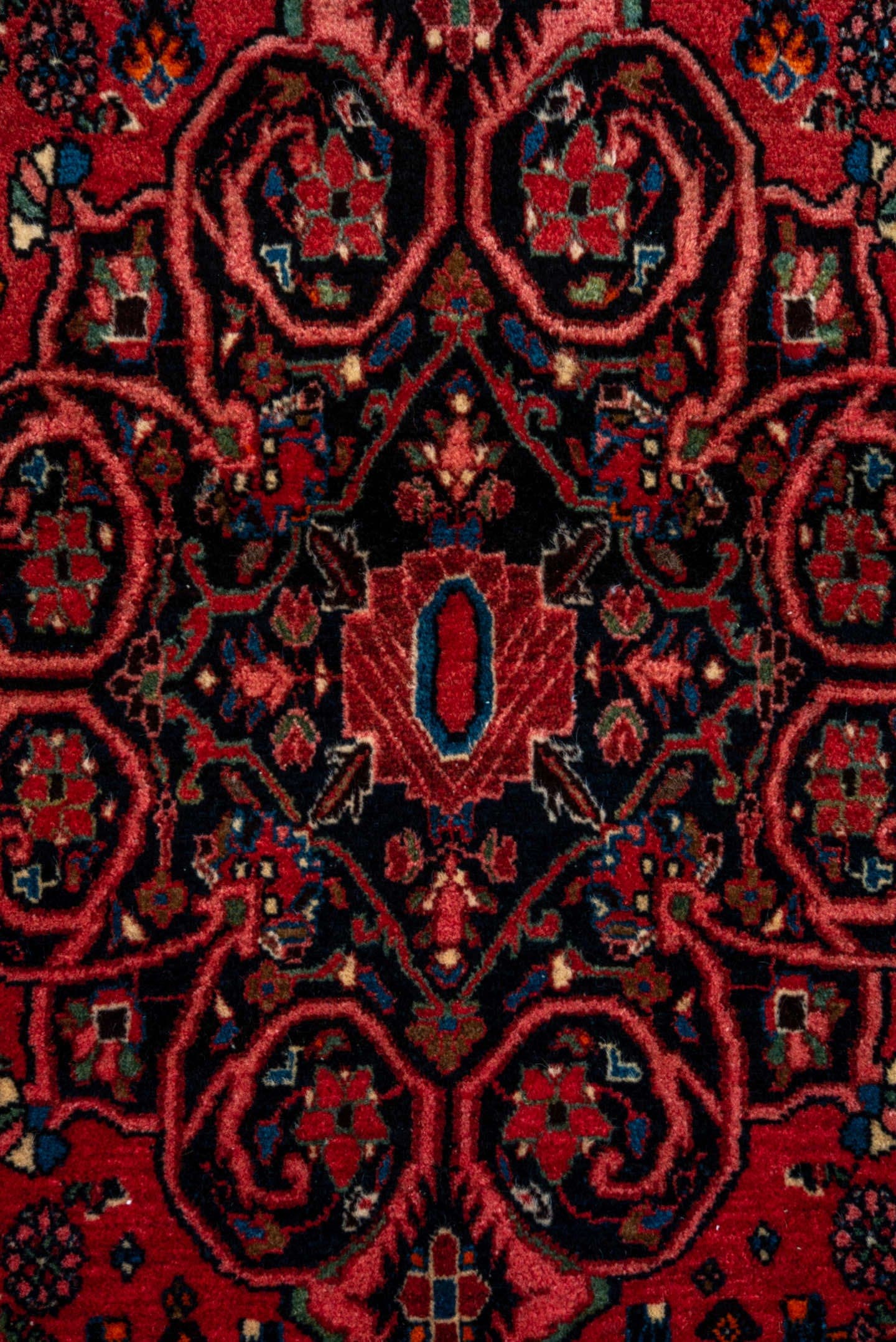 3' x 5' one-of-a-kind handmade vintage Bidjar small size rug. Color palette: coral, navy, sky blue, rose, ivory, charcoal