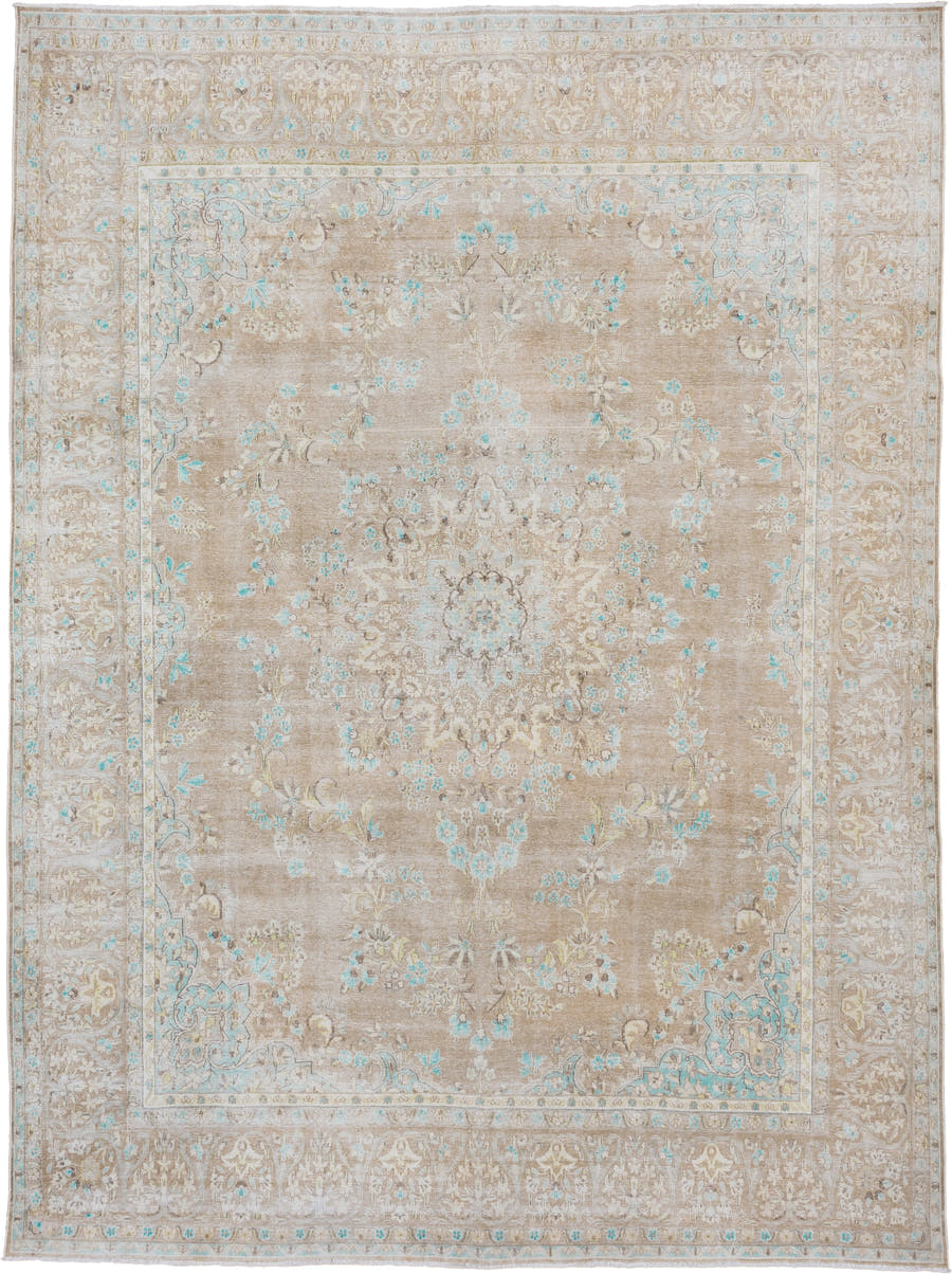 9' x 12' one-of-a-kind handmade vintage Kerman large size rug. Color palette: taupe, ivory, aqua, beige, cream, pale gold