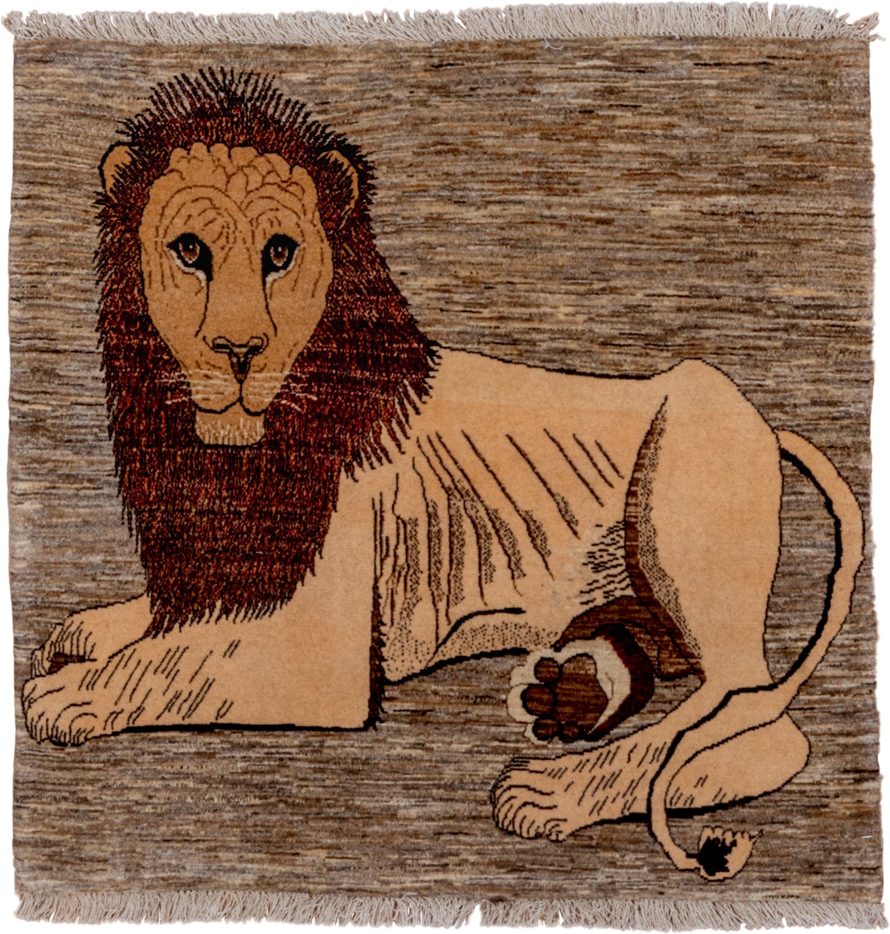 3' x 3' one-of-a-kind handmade vintage Gabbe small size rug. Color palette: taupe, camel, rust, brown, ivory, charcoal