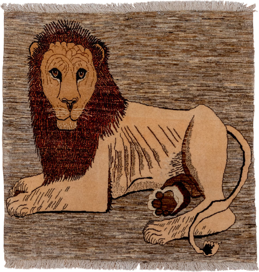 3' x 3' one-of-a-kind handmade vintage Gabbe small size rug. Color palette: taupe, camel, rust, brown, ivory, charcoal