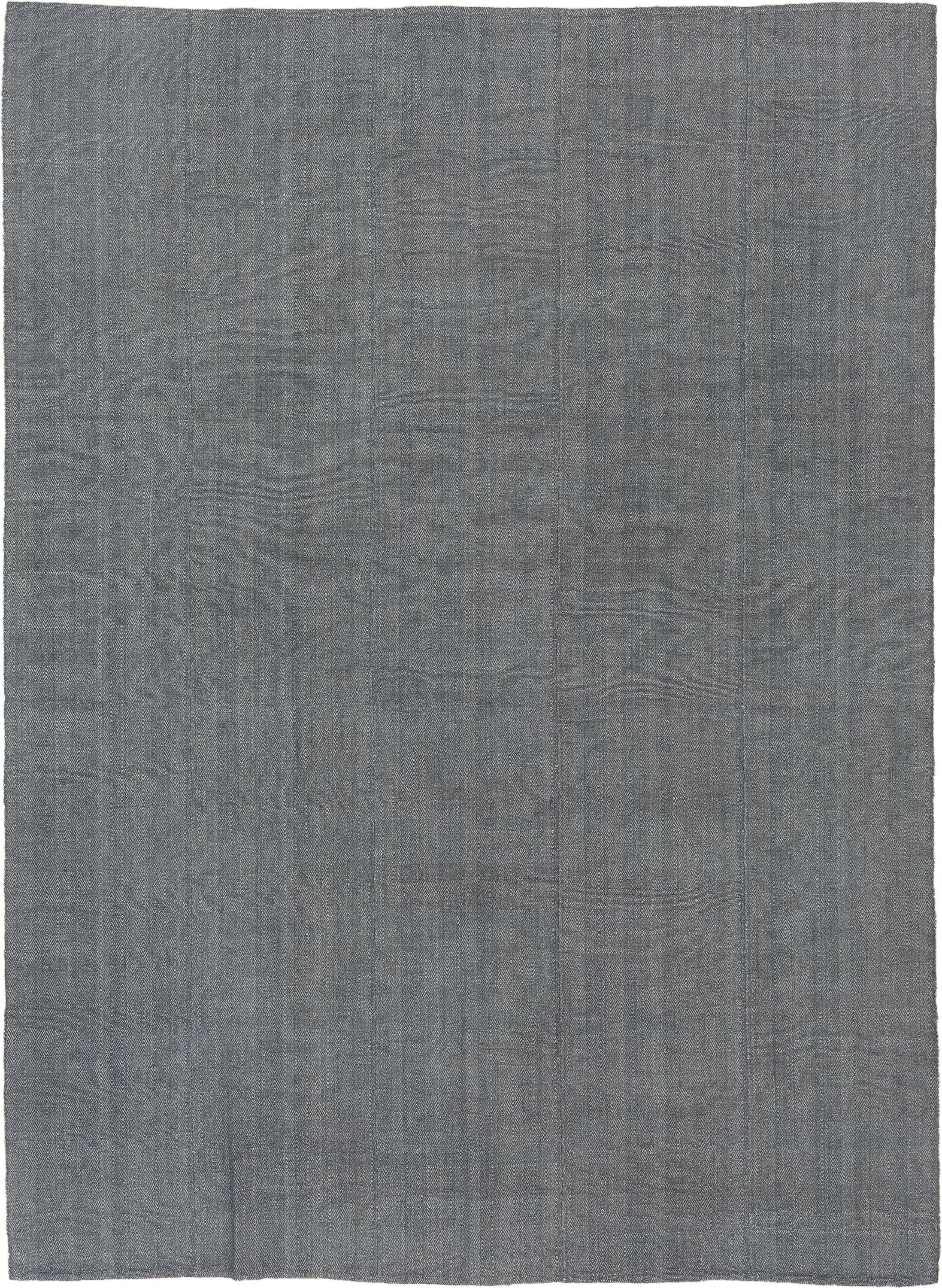 9' x 12' one-of-a-kind handmade vintage Kilim large size rug. Color palette: gray, charcoal, slate, ivory, black