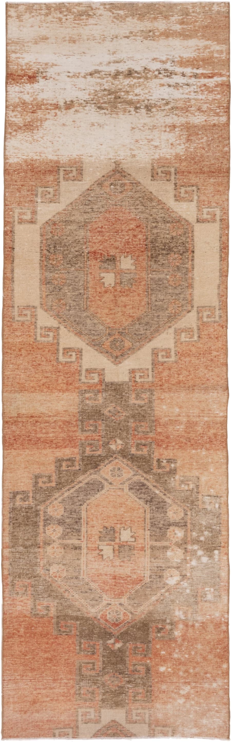 2' x 9' one-of-a-kind handmade vintage Oushak runner rug. Color palette: terra cotta, ivory, taupe, camel, peach, sage