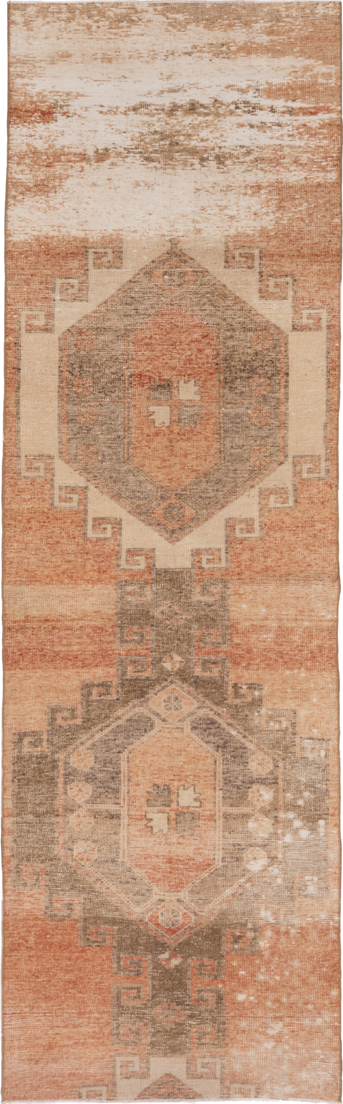 2' x 9' one-of-a-kind handmade vintage Oushak runner rug. Color palette: terra cotta, ivory, taupe, camel, peach, sage