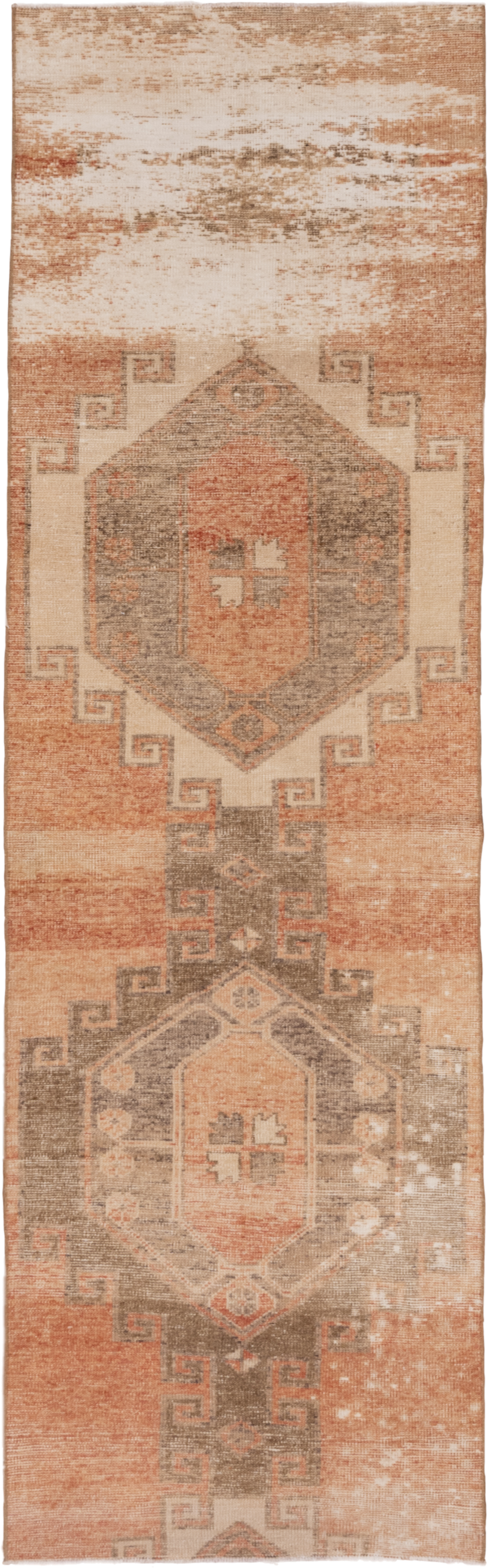2' x 9' one-of-a-kind handmade vintage Oushak runner rug. Color palette: terra cotta, ivory, taupe, camel, peach, sage