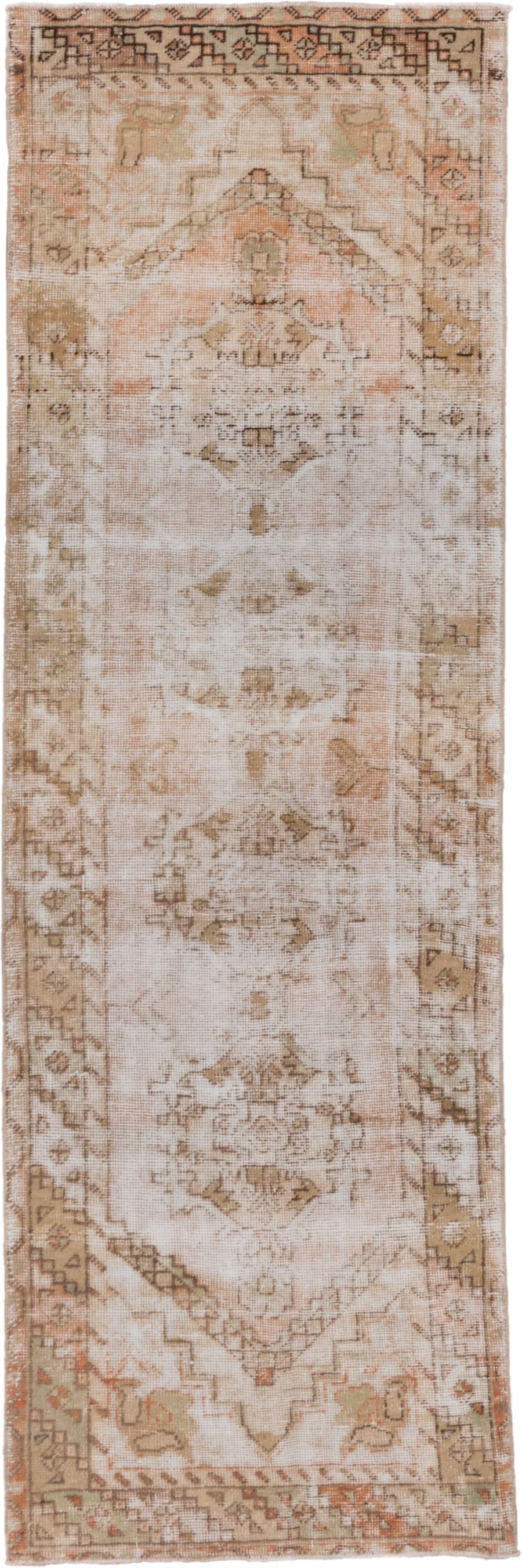 3' x 9' one-of-a-kind handmade vintage Oushak runner rug. Color palette: ivory, blush, taupe, beige, camel, sage