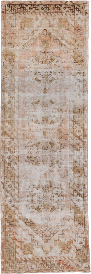 3' x 9' one-of-a-kind handmade vintage Oushak runner rug. Color palette: ivory, blush, taupe, beige, camel, sage