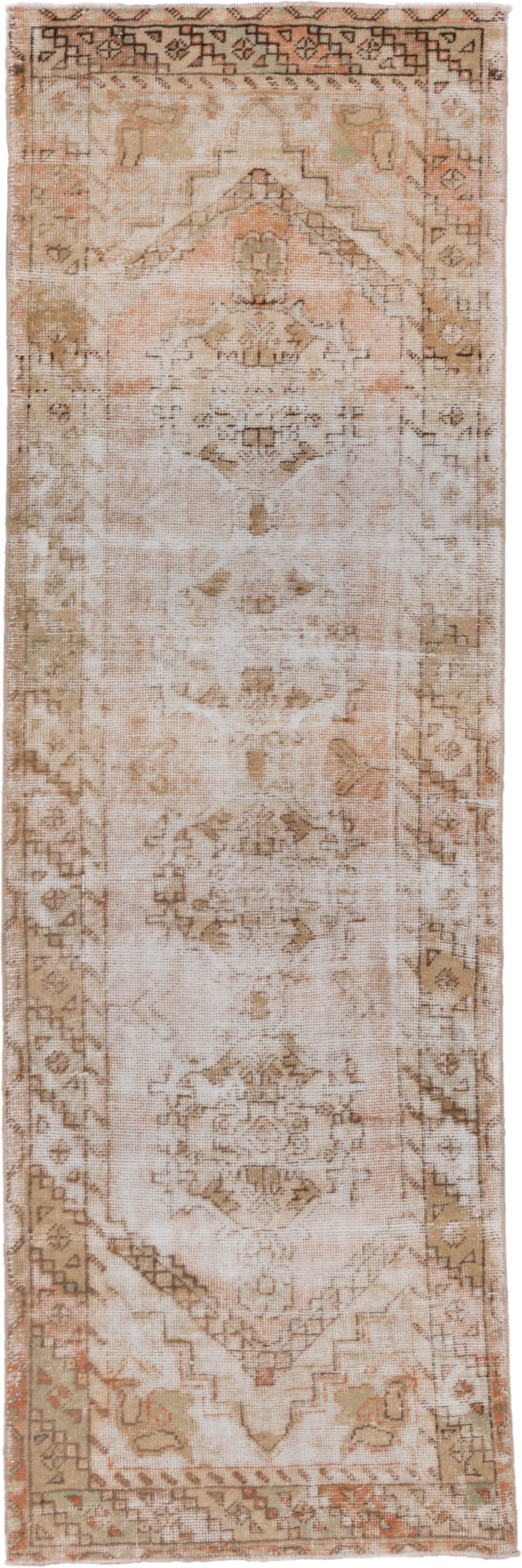 3' x 9' one-of-a-kind handmade vintage Oushak runner rug. Color palette: ivory, blush, taupe, beige, camel, sage