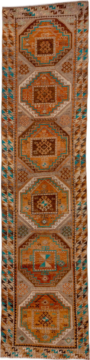 3' x 12' one-of-a-kind handmade vintage Oushak runner rug. Color palette: camel, rust, brown, ivory, turquoise, taupe, beige