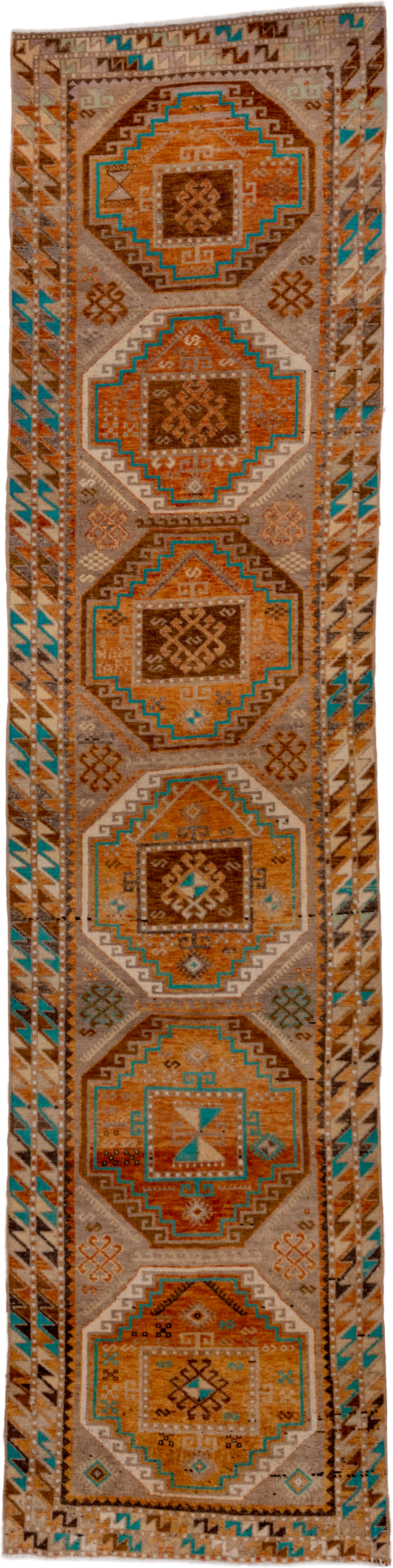3' x 12' one-of-a-kind handmade vintage Oushak runner rug. Color palette: camel, rust, brown, ivory, turquoise, taupe, beige