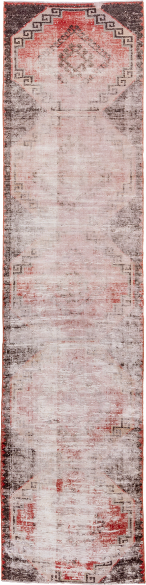 2' x 11' one-of-a-kind handmade vintage Oushak runner rug. Color palette: ivory, blush, charcoal, rust, rose, pink, gray