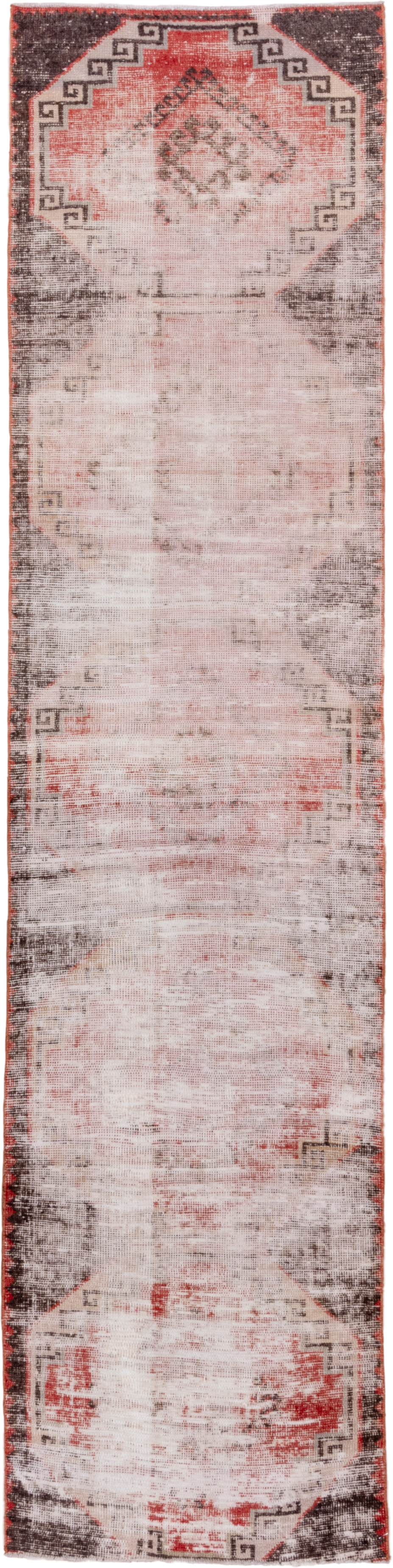 2' x 11' one-of-a-kind handmade vintage Oushak runner rug. Color palette: ivory, blush, charcoal, rust, rose, pink, gray