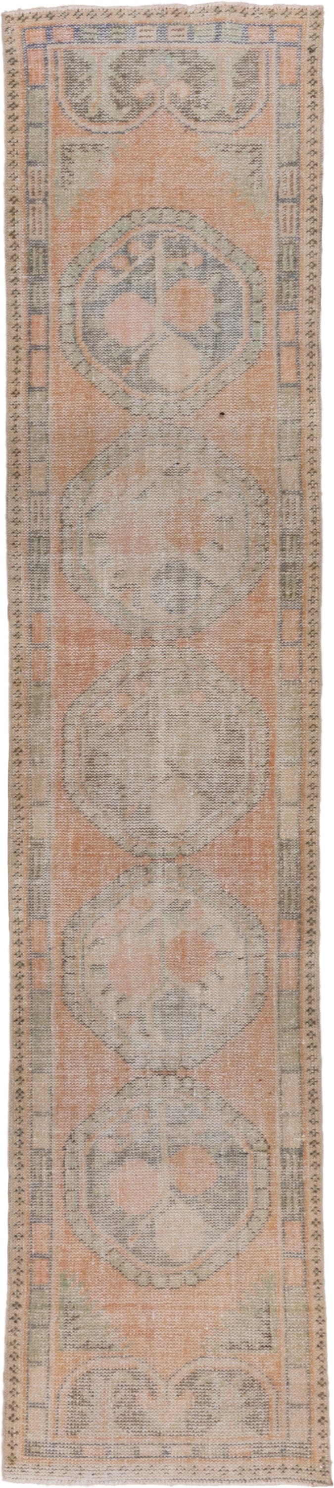 2' x 11' one-of-a-kind handmade vintage Oushak runner rug. Color palette: peach, sage, taupe, ivory, camel, gray, terracotta