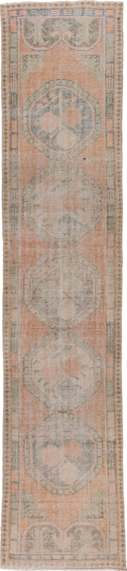 2' x 11' one-of-a-kind handmade vintage Oushak runner rug. Color palette: peach, sage, taupe, ivory, camel, gray, terracotta