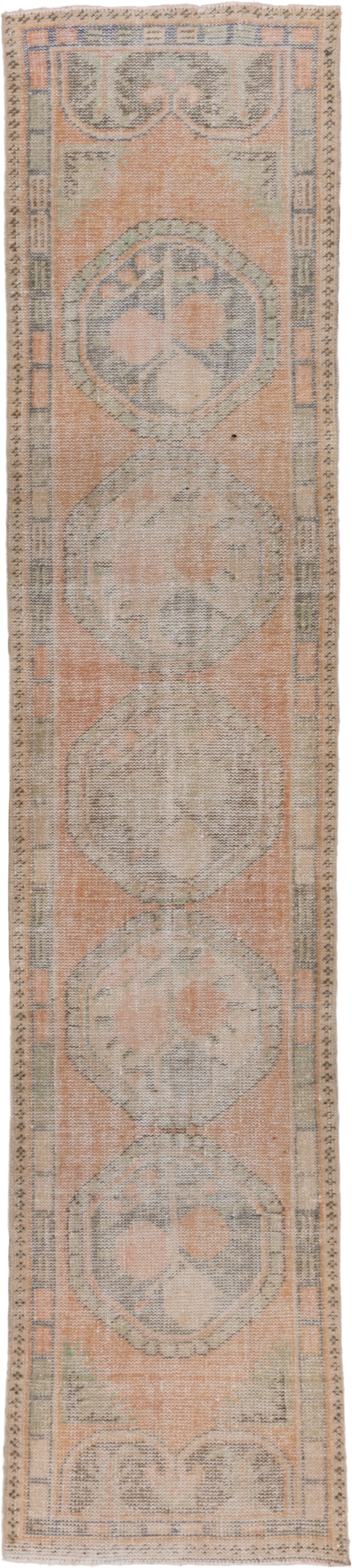 2' x 11' one-of-a-kind handmade vintage Oushak runner rug. Color palette: peach, sage, taupe, ivory, camel, gray, terracotta