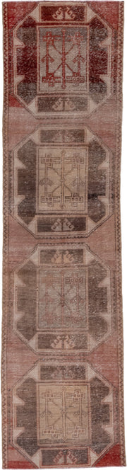 2' x 9' one-of-a-kind handmade vintage Oushak runner rug. Color palette: rose, taupe, charcoal, rust, ivory, brown, pink