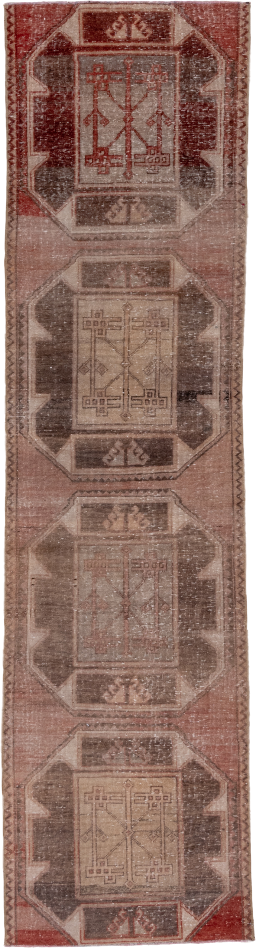 2' x 9' one-of-a-kind handmade vintage Oushak runner rug. Color palette: rose, taupe, charcoal, rust, ivory, brown, pink