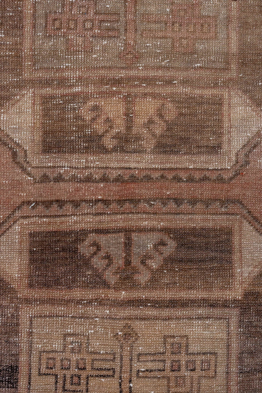 2' x 9' one-of-a-kind handmade vintage Oushak runner rug. Color palette: rose, taupe, charcoal, rust, ivory, brown, pink