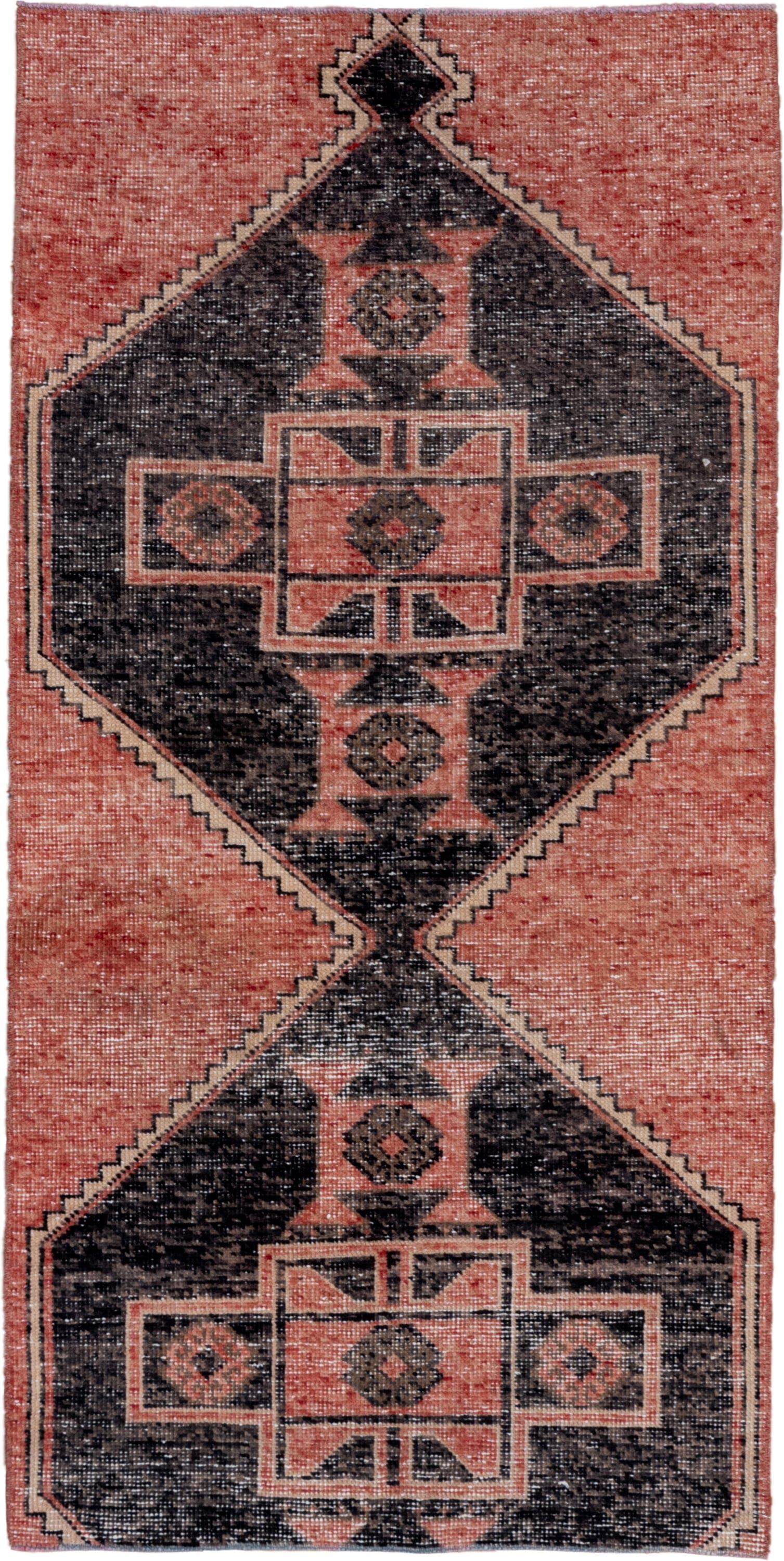 3' x 6' one-of-a-kind handmade vintage Oushak runner rug. Color palette: coral, charcoal, ivory, rose, taupe, terracotta