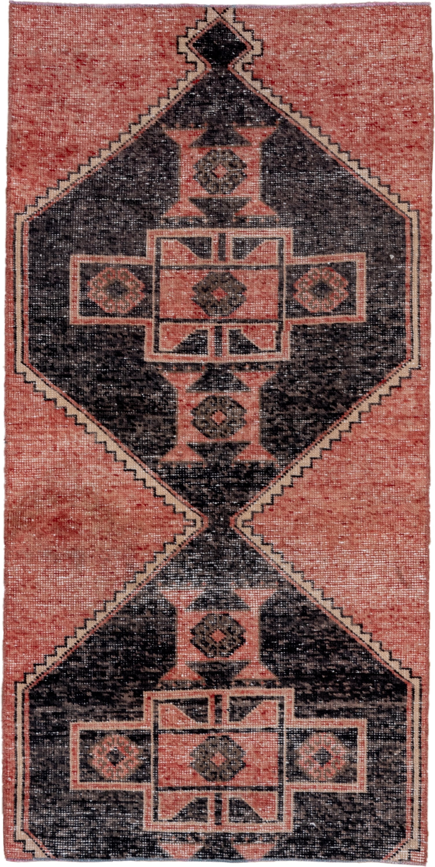 3' x 6' one-of-a-kind handmade vintage Oushak runner rug. Color palette: coral, charcoal, ivory, rose, taupe, terracotta