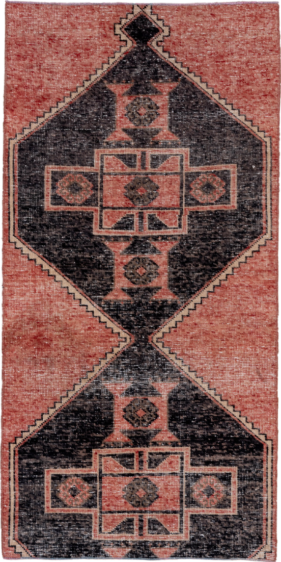 3' x 6' one-of-a-kind handmade vintage Oushak runner rug. Color palette: coral, charcoal, ivory, rose, taupe, terracotta