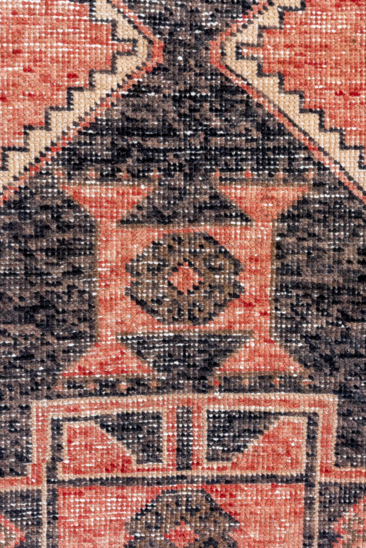 3' x 6' one-of-a-kind handmade vintage Oushak runner rug. Color palette: coral, charcoal, ivory, rose, taupe, terracotta
