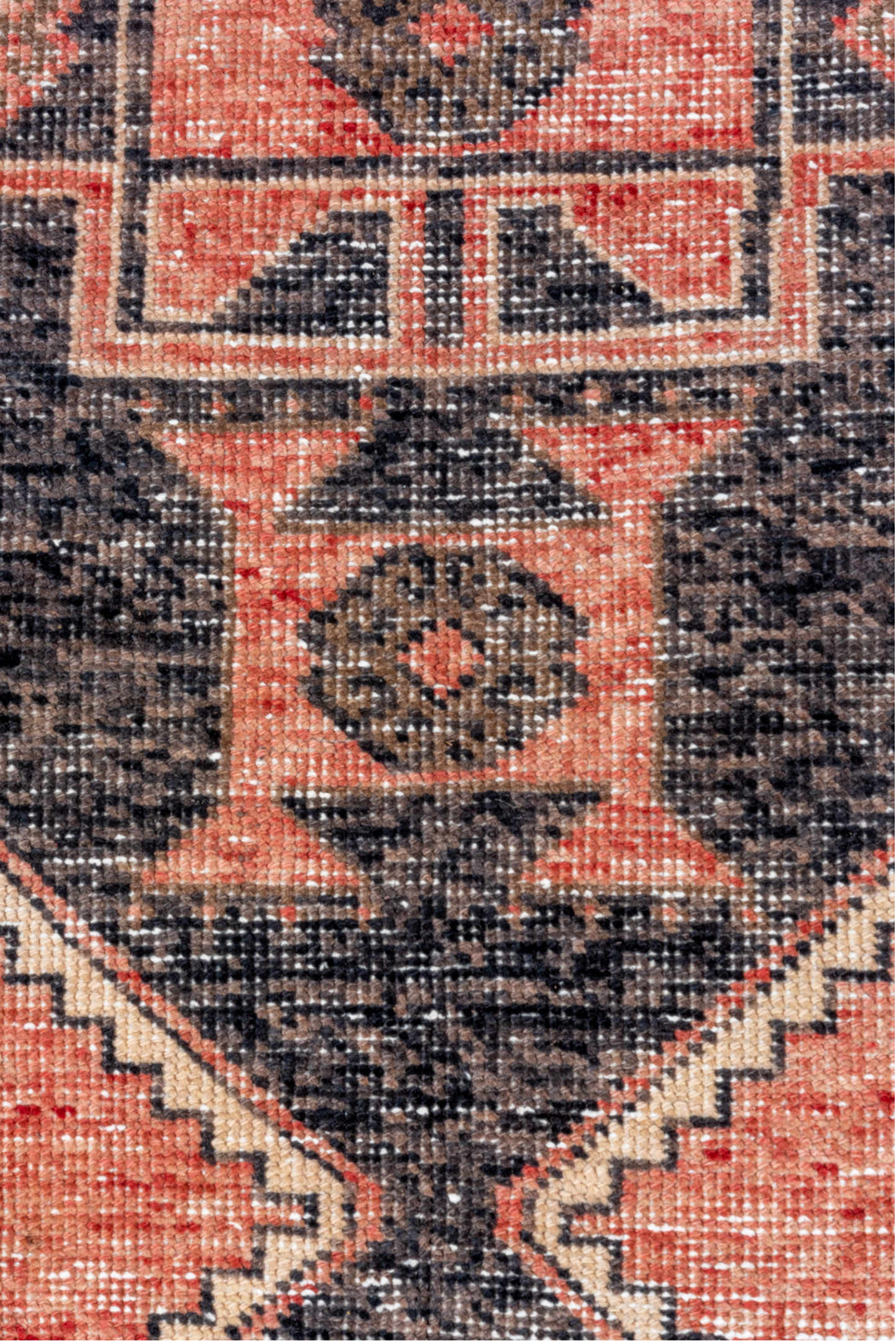 3' x 6' one-of-a-kind handmade vintage Oushak runner rug. Color palette: coral, charcoal, ivory, rose, taupe, terracotta