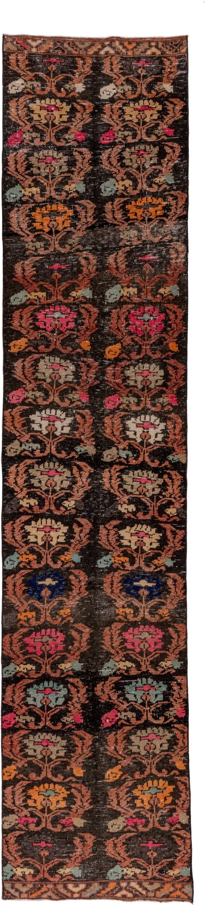 3' x 14' one-of-a-kind handmade vintage Oushak runner rug. Color palette: brown, rust, coral, ivory, charcoal, aqua, navy
