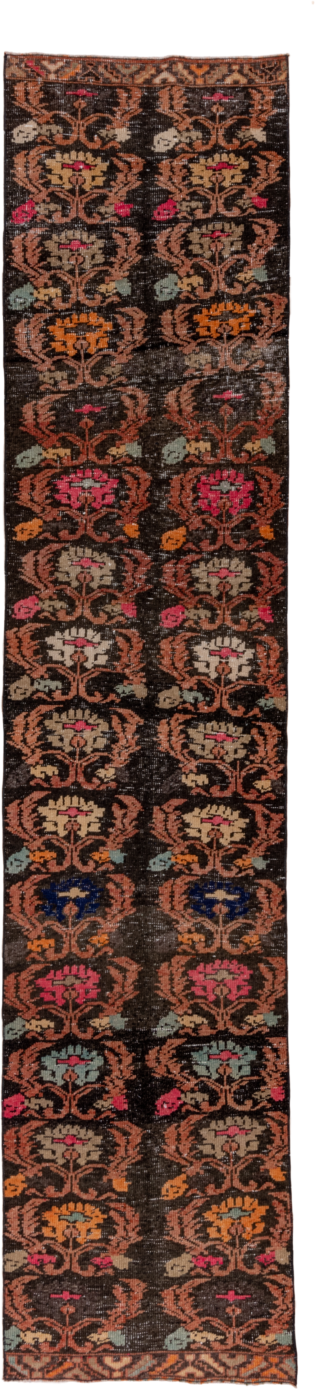 3' x 14' one-of-a-kind handmade vintage Oushak runner rug. Color palette: brown, rust, coral, ivory, charcoal, aqua, navy