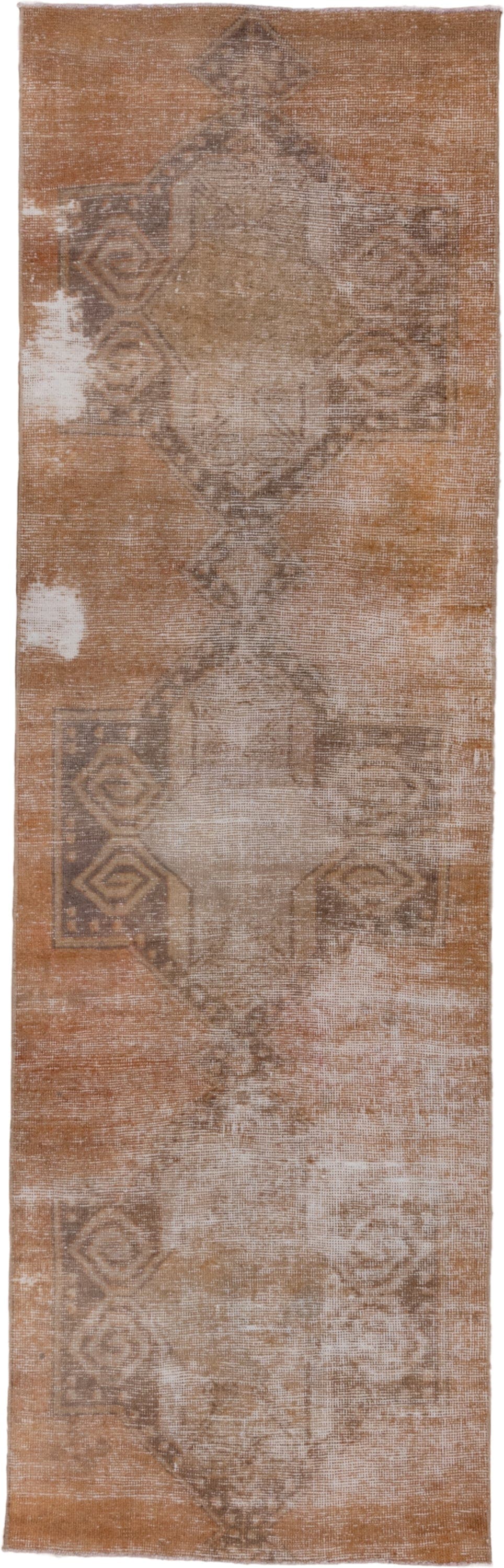 3' x 9' one-of-a-kind handmade vintage Oushak runner rug. Color palette: camel, taupe, beige, ivory, brown, gray