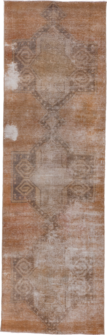 3' x 9' one-of-a-kind handmade vintage Oushak runner rug. Color palette: camel, taupe, beige, ivory, brown, gray