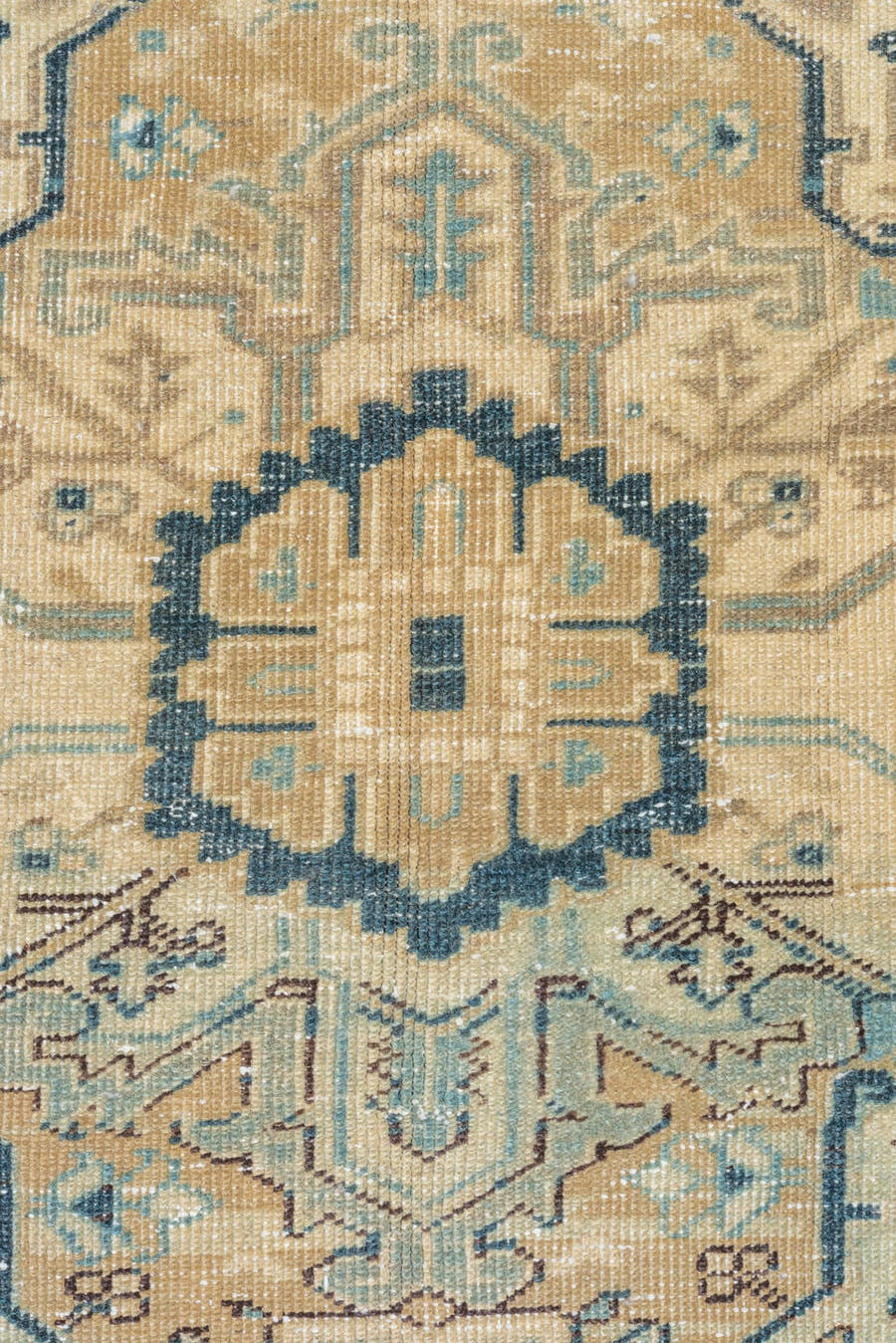 9' x 13' one-of-a-kind handmade vintage Heriz large size rug. Color palette: ivory, blue, slate, taupe, rust, camel
