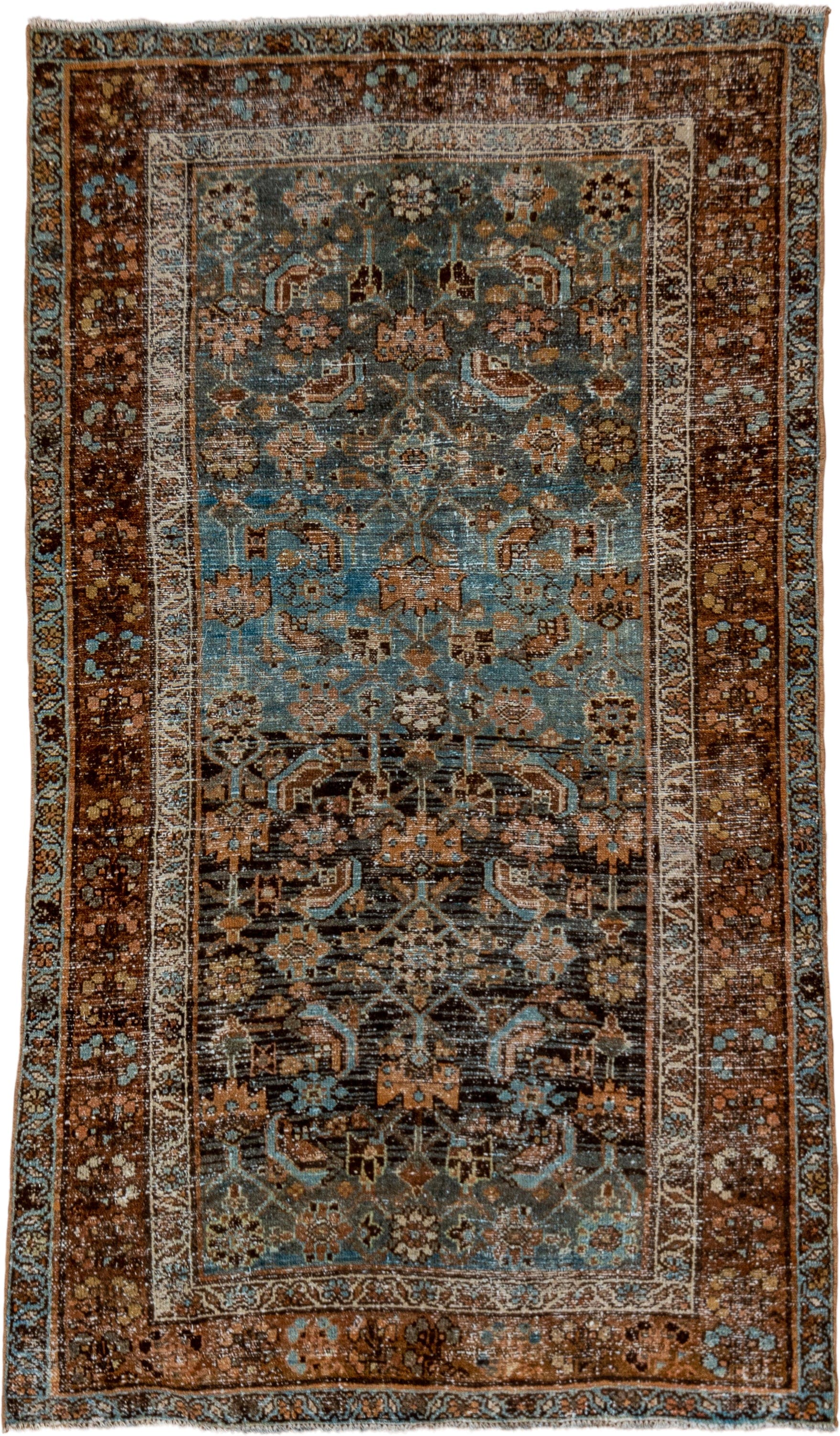 3' x 5' one-of-a-kind handmade vintage Malayer small size rug. Color palette: rust, blue, brown, ivory, camel, charcoal
