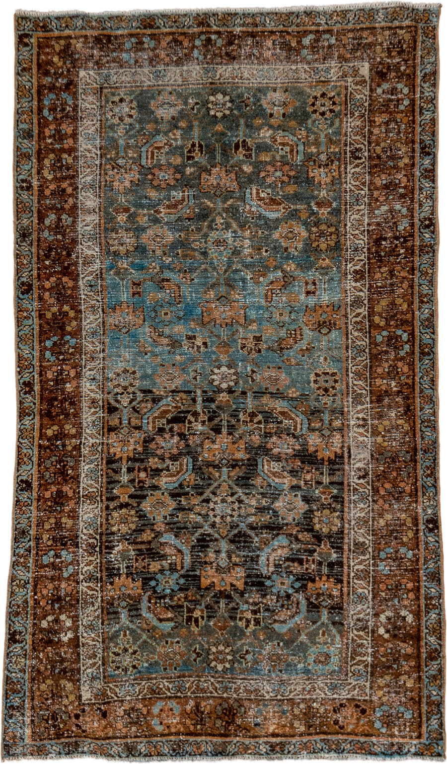 3' x 5' one-of-a-kind handmade vintage Malayer small size rug. Color palette: rust, blue, brown, ivory, camel, charcoal