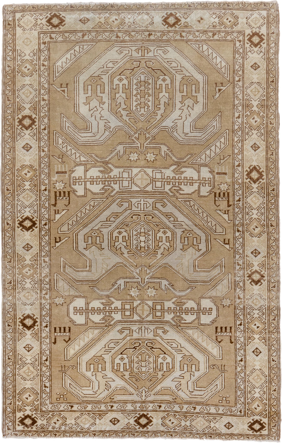 4' x 6' one-of-a-kind handmade vintage Caucasian small size rug. Color palette: ivory, camel, taupe, brown, sand, beige