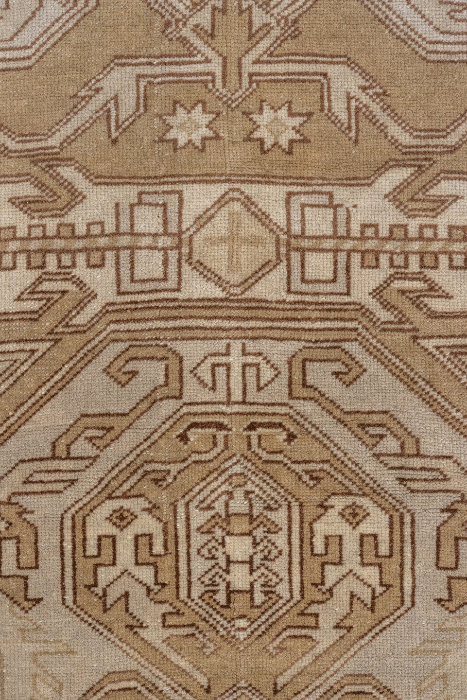 4' x 6' one-of-a-kind handmade vintage Caucasian small size rug. Color palette: ivory, camel, taupe, brown, sand, beige