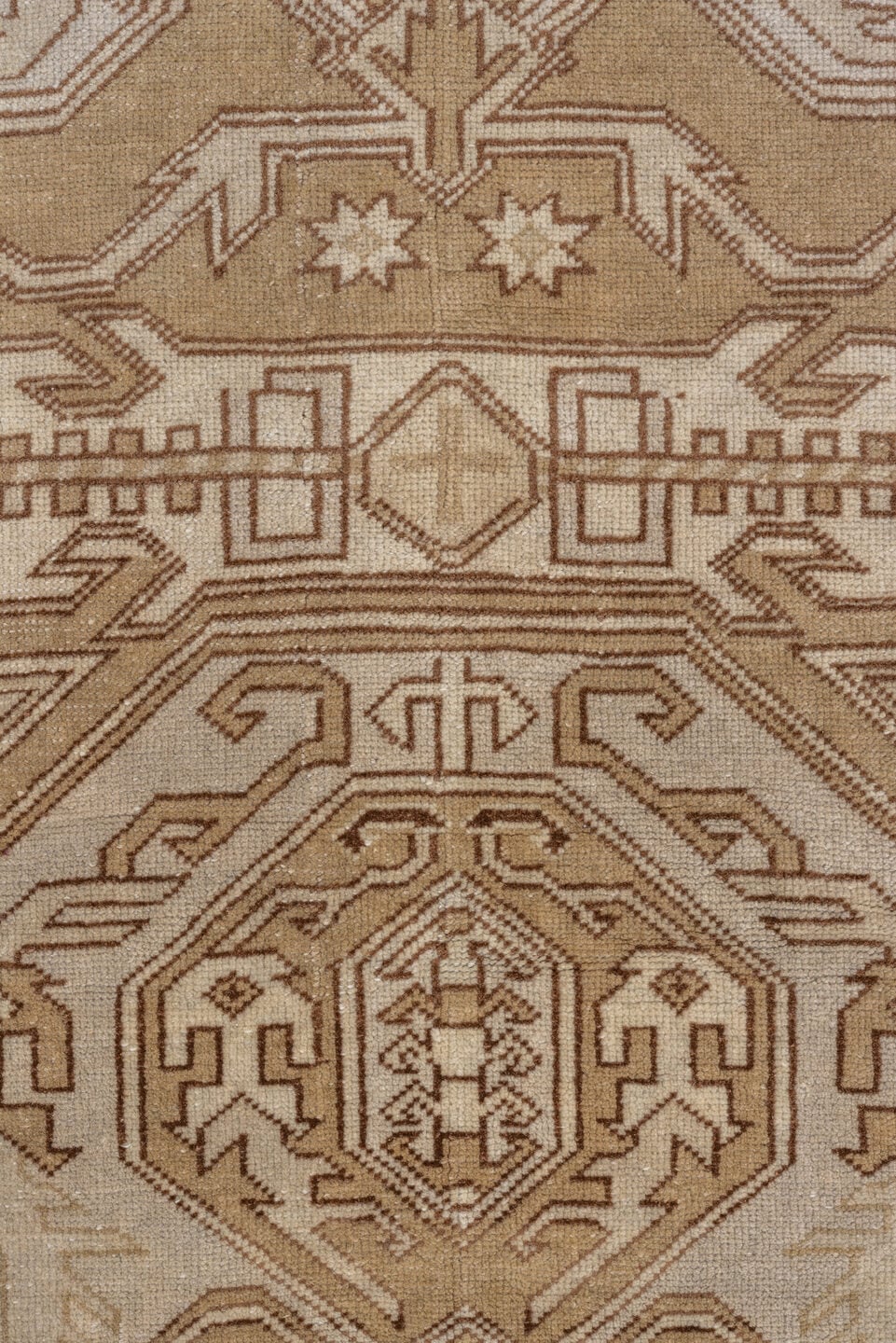 4' x 6' one-of-a-kind handmade vintage Caucasian small size rug. Color palette: ivory, camel, taupe, brown, sand, beige