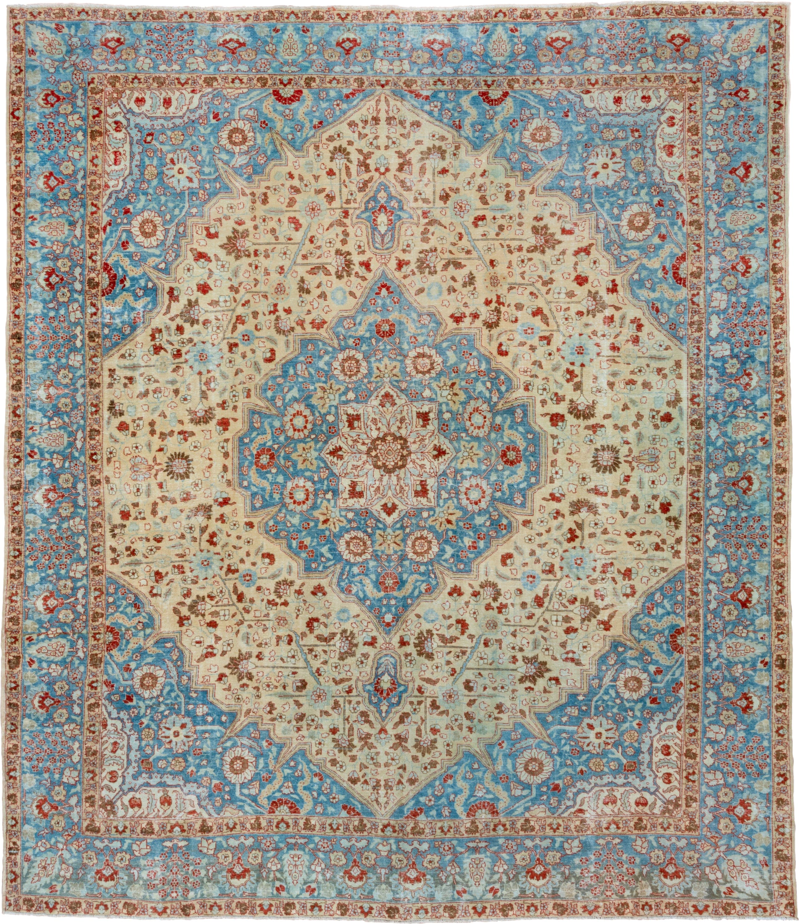 11' x 13' one-of-a-kind handmade vintage Tabriz oversize rug. Color palette: ivory, sky blue, rust, camel, taupe, terracotta