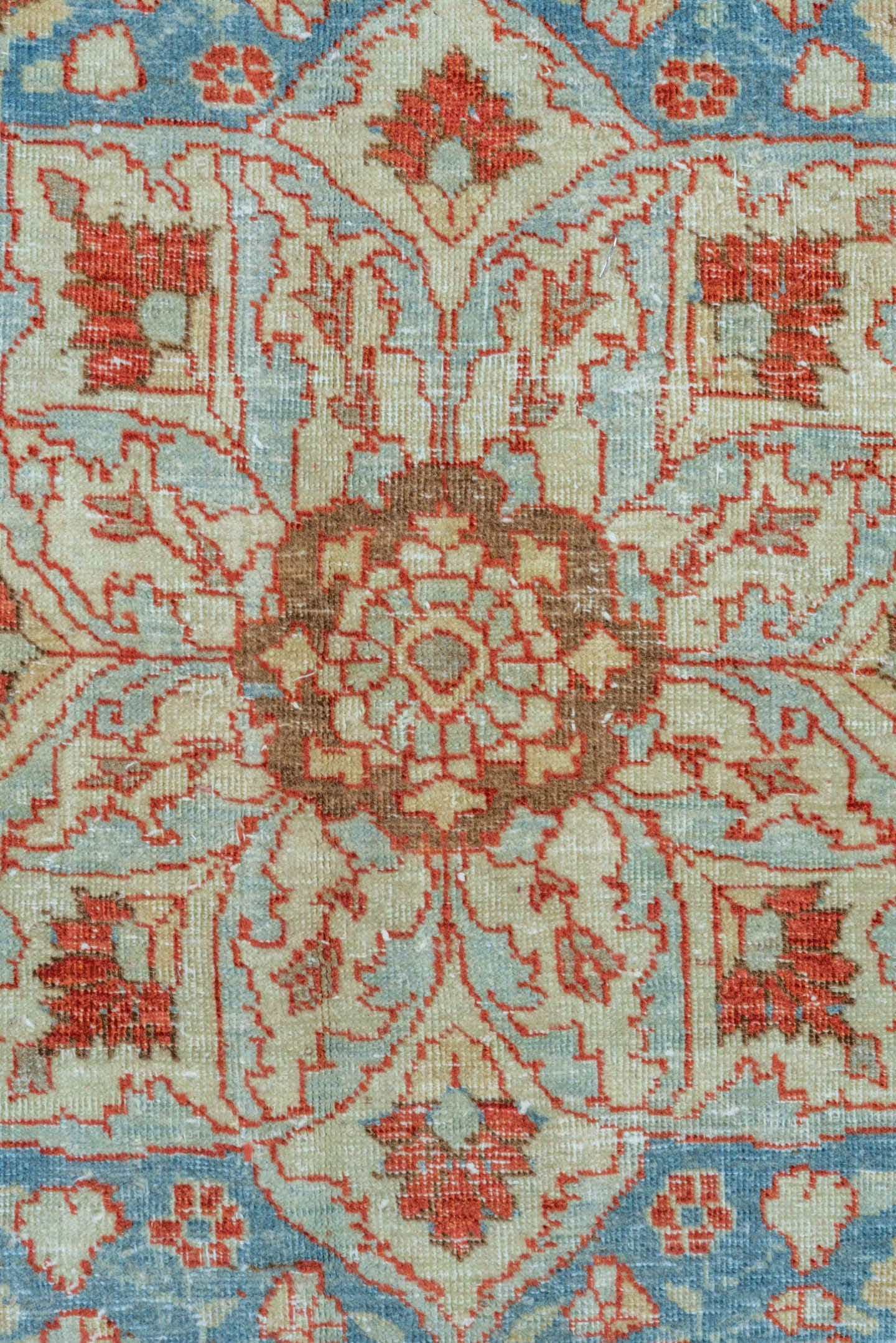11' x 13' one-of-a-kind handmade vintage Tabriz oversize rug. Color palette: ivory, sky blue, rust, camel, taupe, terracotta