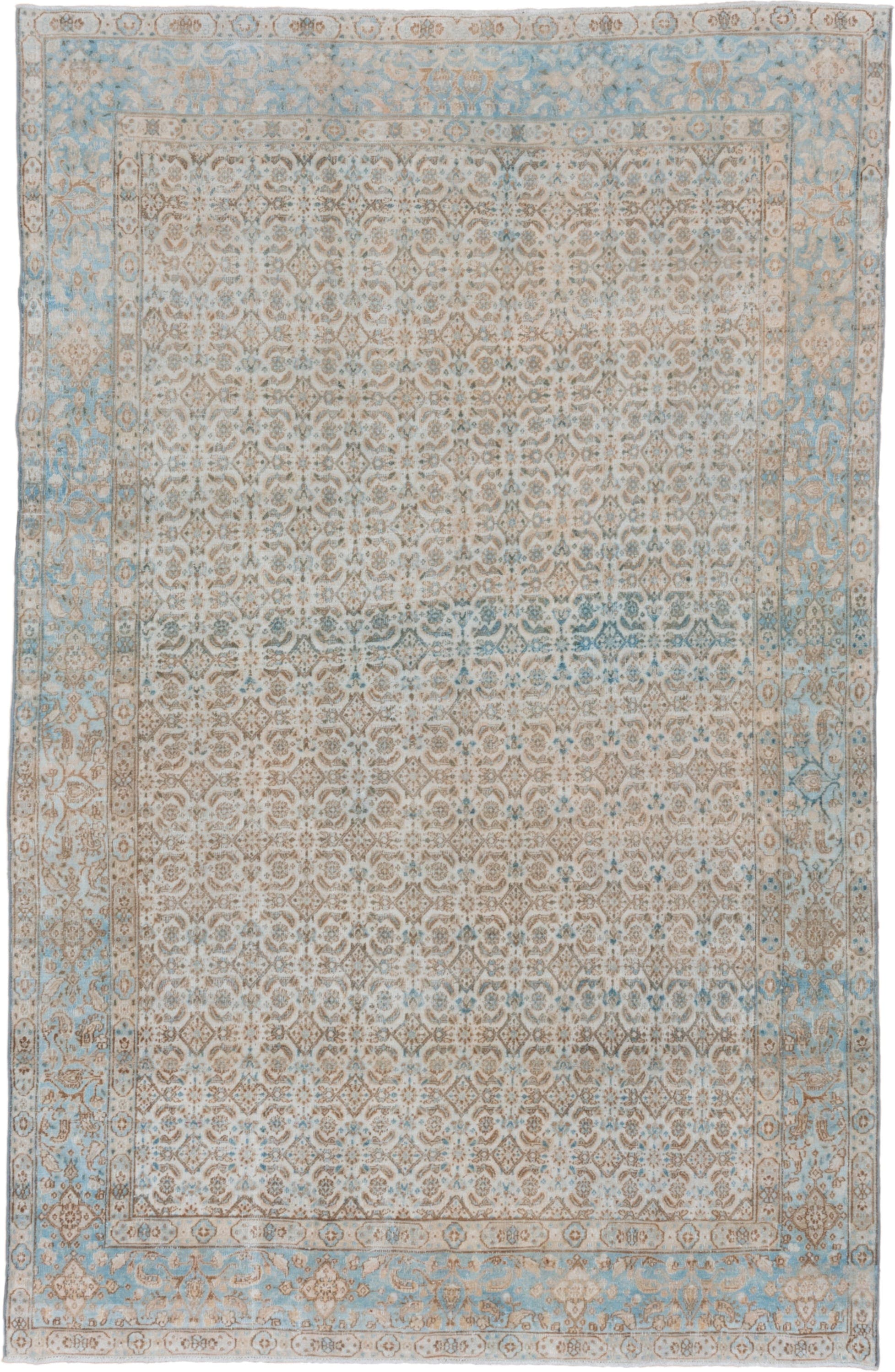 6' x 10' one-of-a-kind handmade vintage Tabriz large size rug. Color palette: ivory, sky blue, beige, taupe, camel