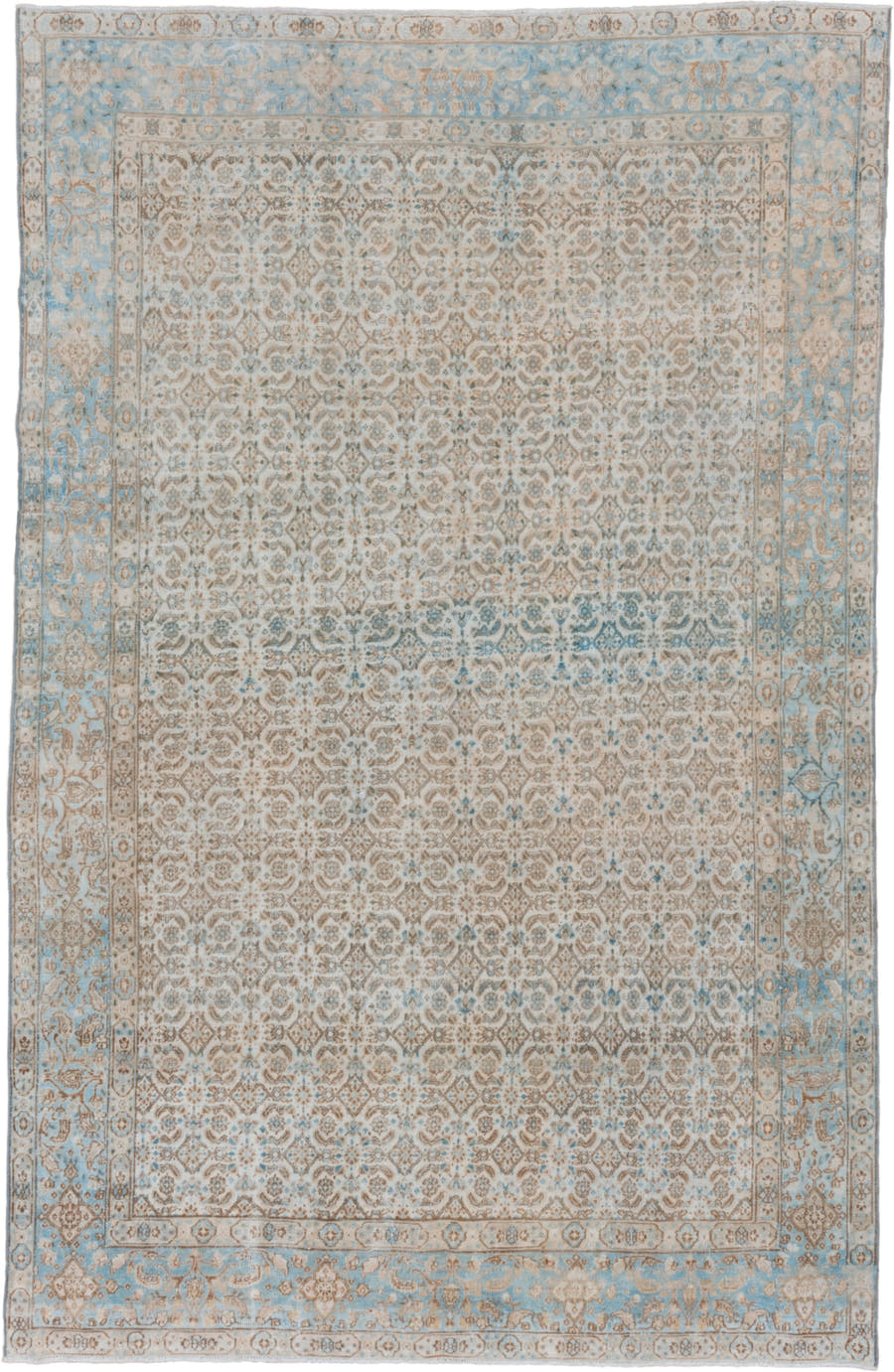 6' x 10' one-of-a-kind handmade vintage Tabriz large size rug. Color palette: ivory, sky blue, beige, taupe, camel