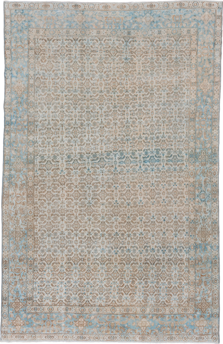 6' x 10' one-of-a-kind handmade vintage Tabriz large size rug. Color palette: ivory, sky blue, beige, taupe, camel