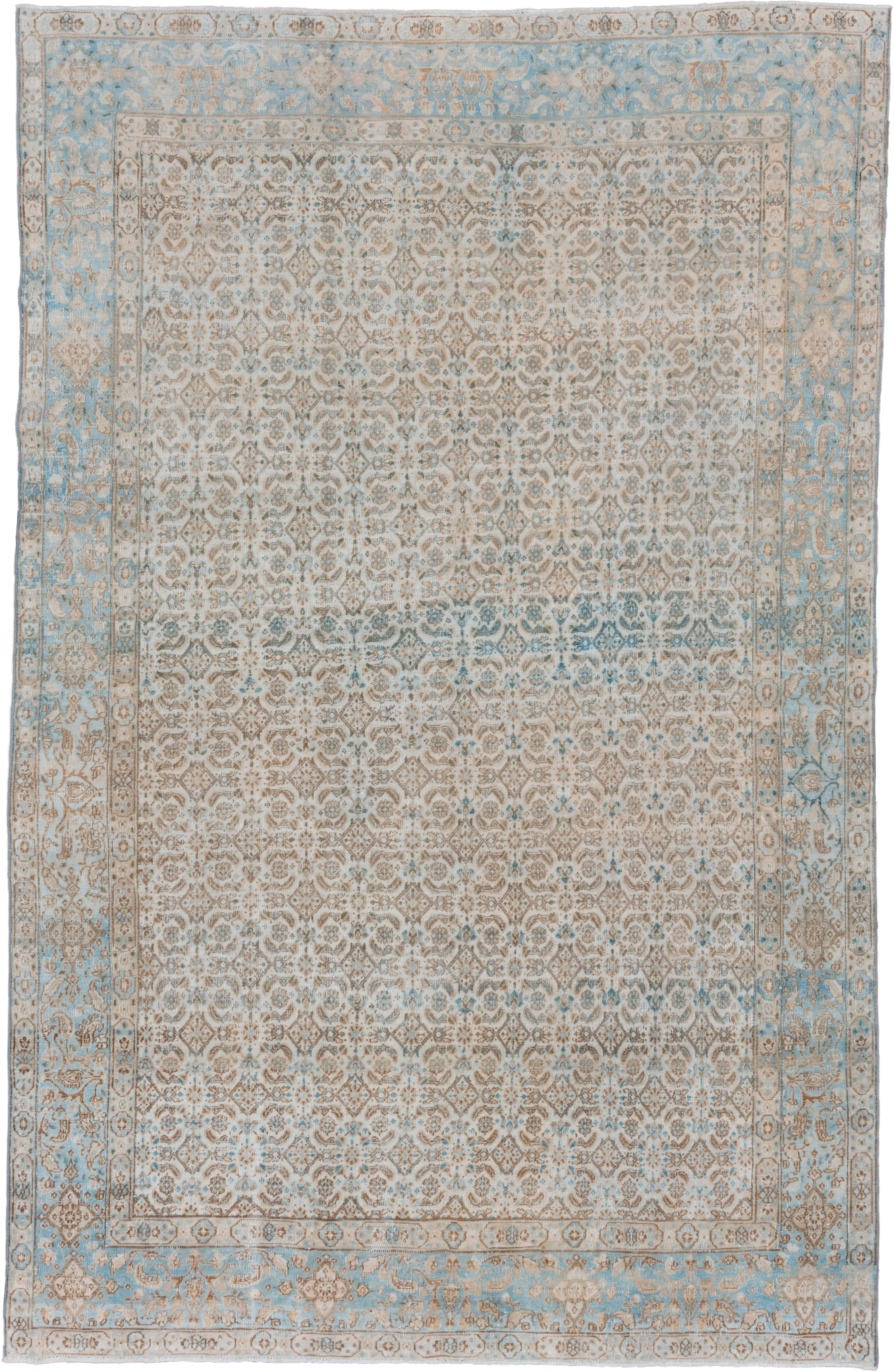 6' x 10' one-of-a-kind handmade vintage Tabriz large size rug. Color palette: ivory, sky blue, beige, taupe, camel